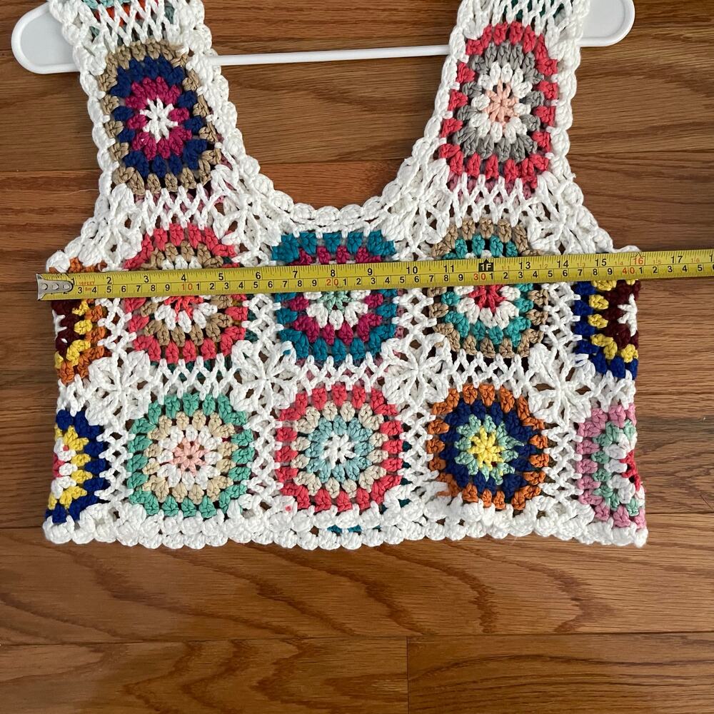Boho Crochet Crop Camisole Overlay Top Womens Medium Multicolor Festival Chic - Picture 5 of 6